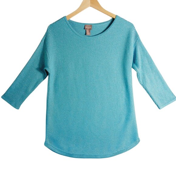 Chico's, Turquoise Blue, Sparkle, Ribbed Knit Top with 3/4 Sleeves,  Size Small - Picture 3 of 12